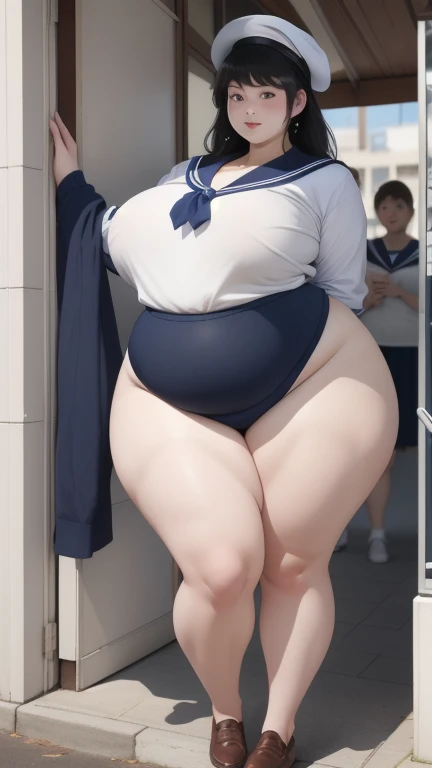huge breasts, big hips,full body shot, mature mother, Whip whip lower body, plump thighs, plump calves, bewitching mature woman, Perfect body, plus size model,high school girl,sailor suit, skirt is short,Mature woman wearing sailor suit,