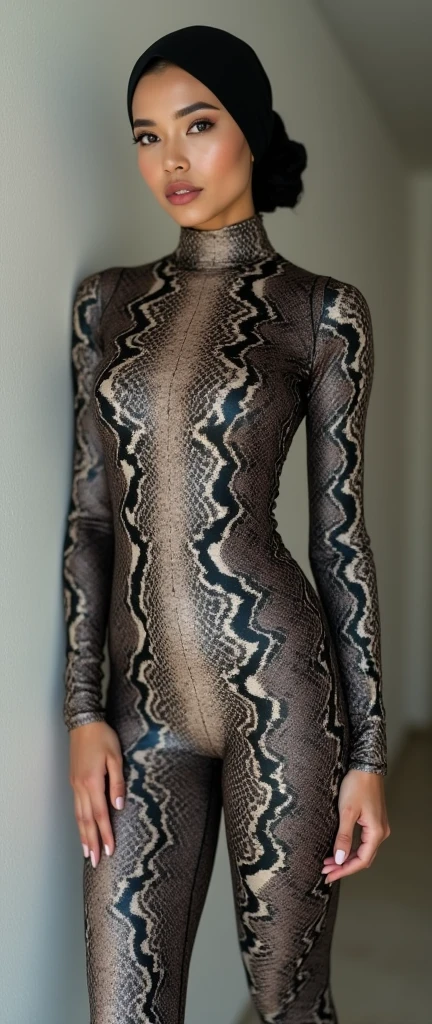 The most beautiful,thin,most pretty and clever Asian Chinese adult girl wears snake lycra turtleneck unitard catsuit .She always wear snake print lycra dancewear hijab.