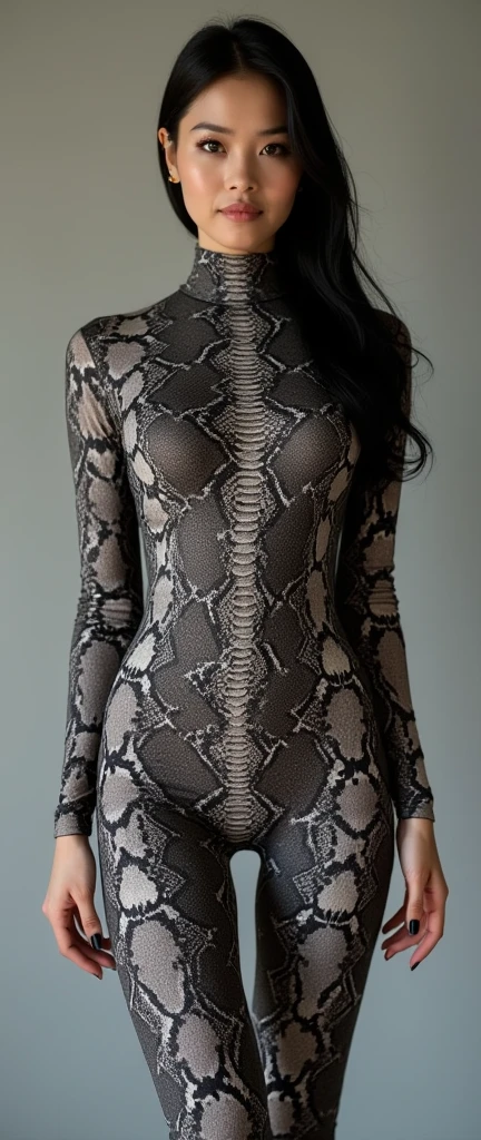 The most beautiful,thin,most pretty and clever Asian Chinese adult girl wears snake lycra turtleneck unitard catsuit .She always wear snake print lycra dancewear hijab.