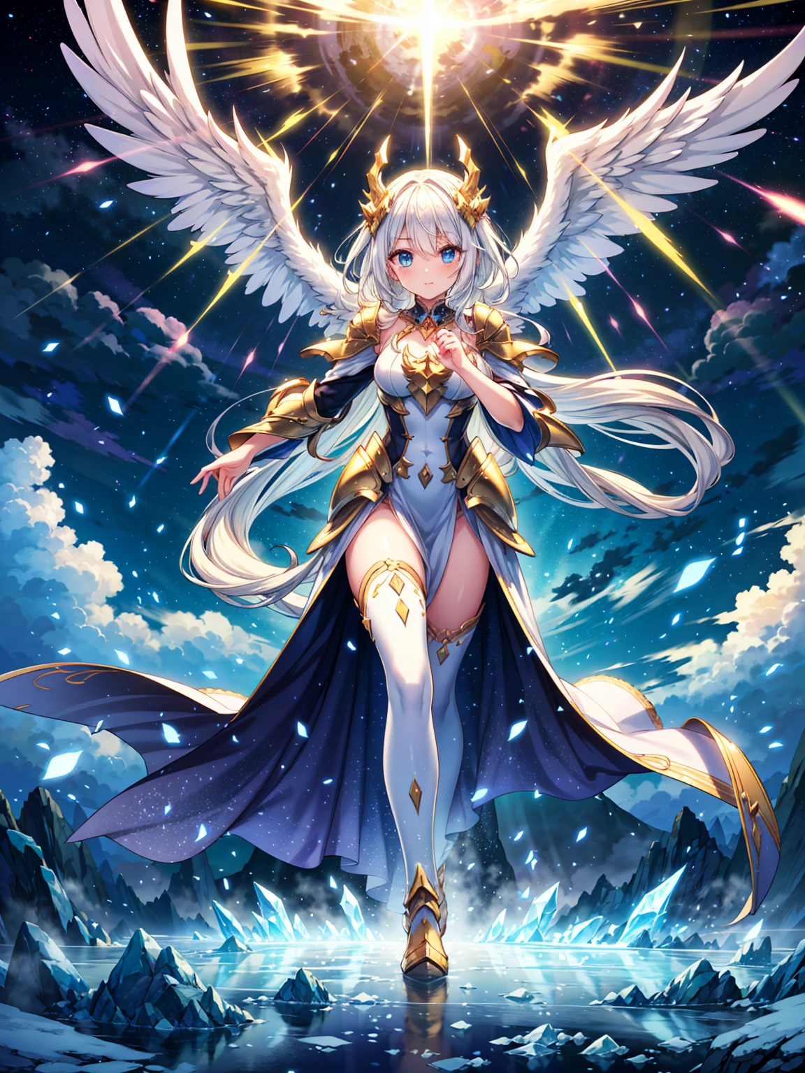(((masterpiece, best quality, 8k))), celestial female warrior, (full-body), radiant white dragon armor, adorned with glowing angelic symbols, ethereal white light emanating from her, long flowing platinum hair, delicate strands catching the divine light, serene and confident expression, piercing ice-blue eyes, walking through a heavenly realm of floating islands, bathed in a soft golden glow, dragons with luminescent wings soaring in the dawn sky, light beams and clouds swirling around, (celestial lighting, soft white radiance)