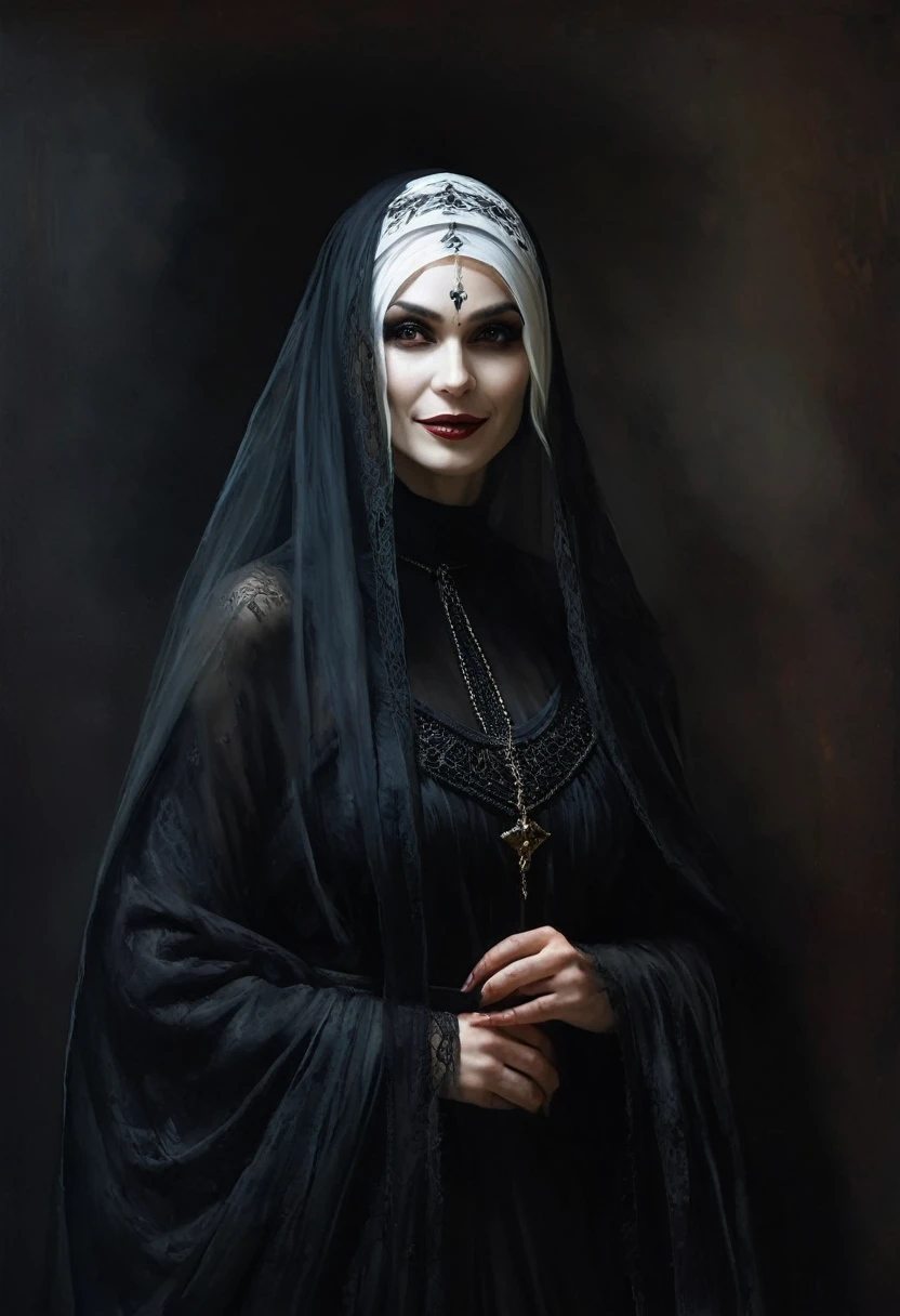 painting of a beautiful white skinned witch in ethnic black clothes with veil, evil grin, dramatic, dark atmosphere, cinematic scene, volumetric lights, ultra realistic, in the style of nicola samori