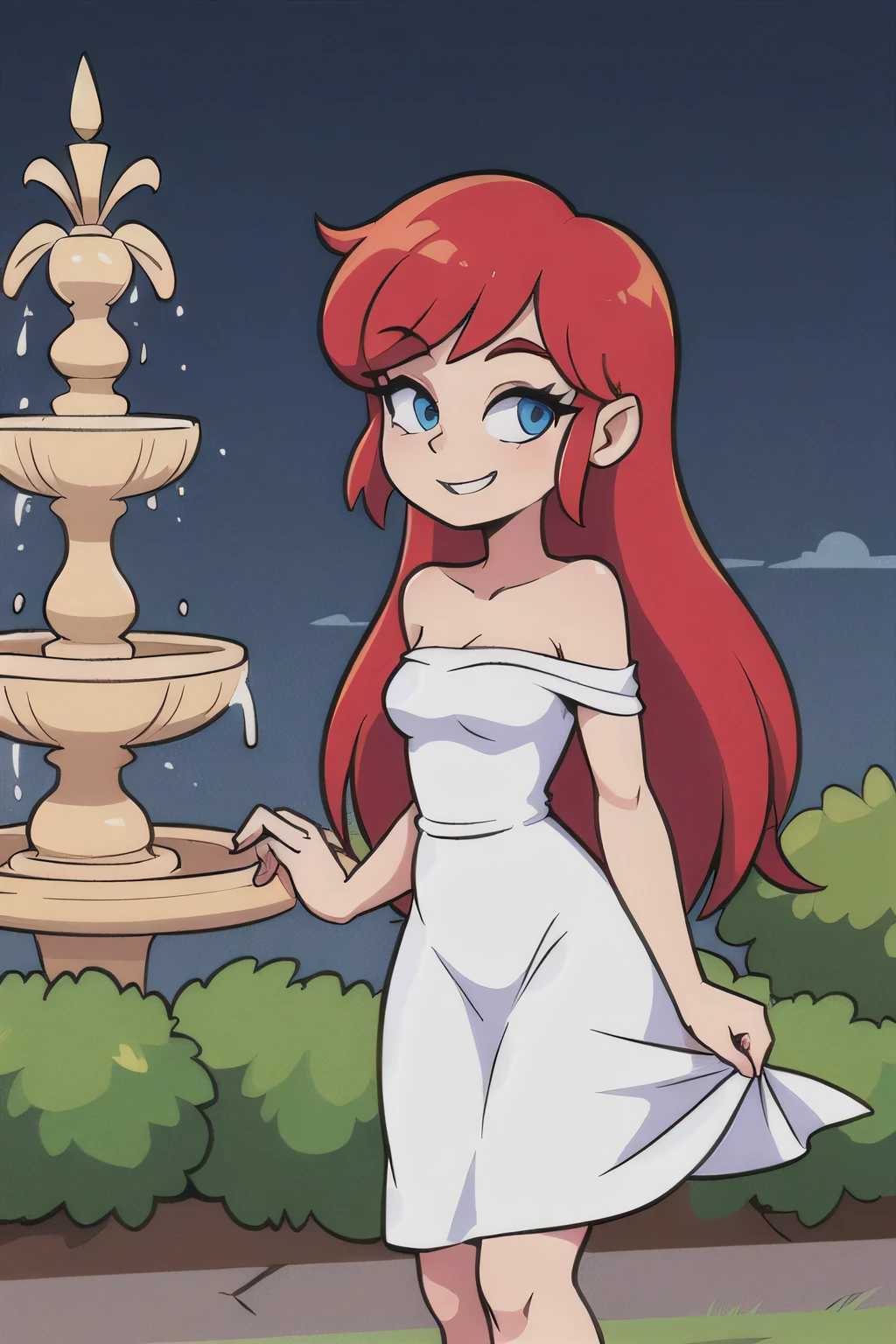 Best quality, Beautiful lighting, Ariel, long bright red hair, blue eyes, happy, 1 girl, solo, Bare Neck, Bare Arms, Bare Shoulders, white dress, Strapless White Ruffle Off-the-Shoulder Top, white maxi Skirt, Garden Background, water fountain, standing, looking at viewers