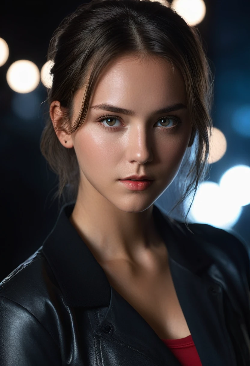 Rachel_cook, women, ((portrait, Red shirt , black jacket, Black pants)), gym, ((detailed skin texture,dark night, Midnight)), ((sharp face, detailed face, realistic face, Natural skin, Realistic skin, detailed skin, pores, detailed eyes,realistic eyes)),, (masterpiece, Best Quality, ultra detailed, best shadow), high contrast, (better lighting), ((cinematic light)), showy, hyper detail, dramatic light, intricate details, (1 girl, Alone) , ultra detailed fine art photography, dreamer, backlit, darkness, ultra high definition, 8k, ultra sharp focus, ultra high quality model, Soft lighting, film photography, Analogic photograph, hyperrealism,