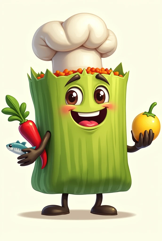 I need a photo of a rectangular tamale that has a chef's hat on it, with hands and legs and face, I need the face to be smiling, It has to be commercial, that he has a small fish in his hand and in the other a lemon and a chili pepper, Please note that the tamales are green in color, to make a logo for my store