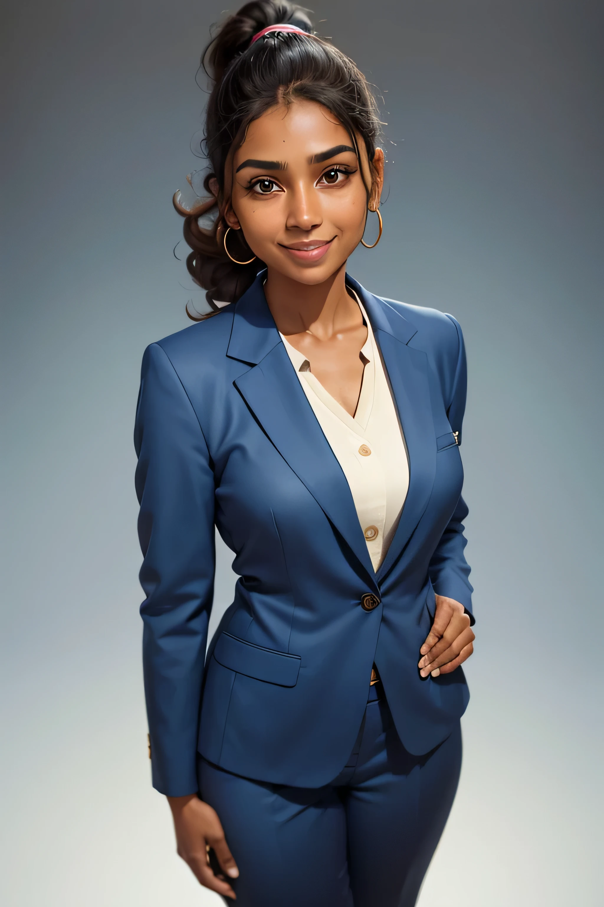 full body front face photograph of a brown woman with short loose curly ponytail  hair  and a friendly and happy expression, perfect eye. The woman is using a blue suit and in the neutral background. Porta 160 color, shot on ARRI ALEXA 65, bokeh, sharp focus on subject