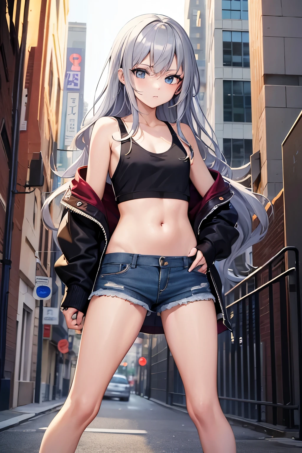 masterpiece, high quality,(2d), (anime),manga, pop art, squint, there is nothing, Professional photos, Rock singer, One girl, alone, hoodie, belly button, Silver Hair, Wavy hair, semi-long, (flat chest), Tank top, Put your hands in your pockets