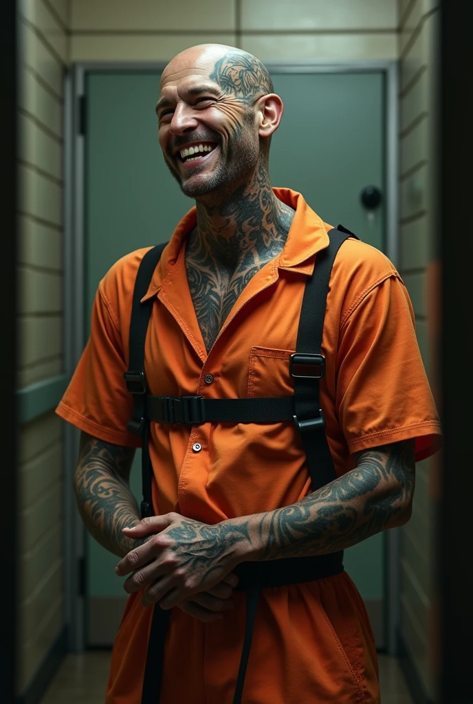 Bald man with tattoos laughing in orange prison clothes inside a tight saddle that doesn't even allow him to move his arms