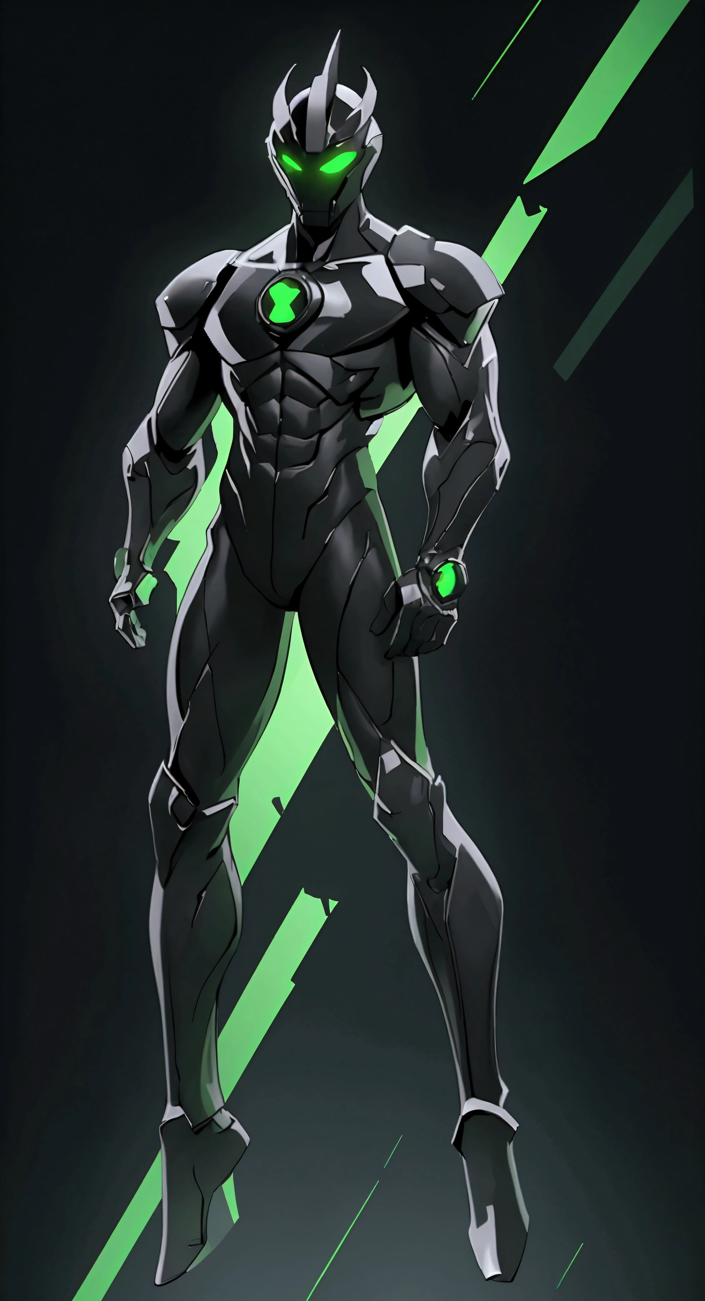 envision a 8k, highres, semi realistic cinematic full body concept art design sheet of a faceless slender muscular body man in full black tight tech suit, black full face helmet, X helmet, Alien X, green energy effects, tech attachments, against a dark gray background