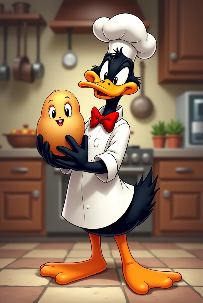 Daffy Duck from Looney Tunes in a chef&#39;s suit with a happy stuffed potato in his hands