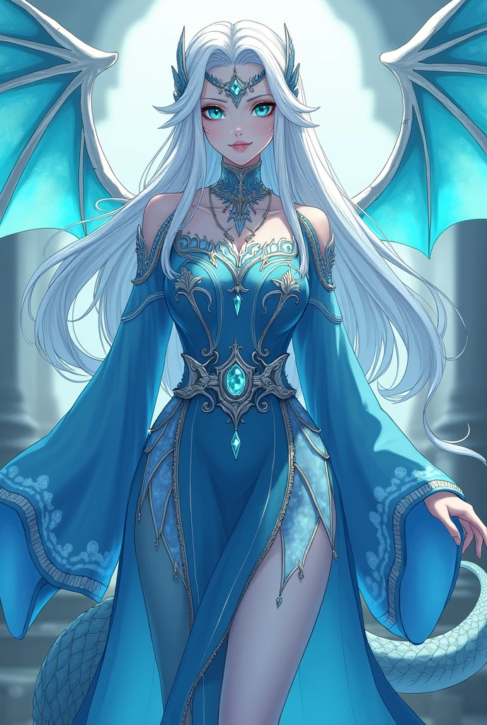 Hair: waist-length hair in white with blue streeks that posses an ethereal glow. 
Eyes: turquoise eyes, with slit pupils, reflect her draconic nature and hold the depth of the ocean. Skin: pale skin, tinged with blue
Clothing: wears a different types blue robe with silver accents, moving like water, paired with mother-of-pearl armor that resembles dragon wings. A silver circlet with an azure gem adorns her forehead
Others: a long, slender dragon tail, finned at the tip, completes her mystical, oceanic appearance.
Anime Style 