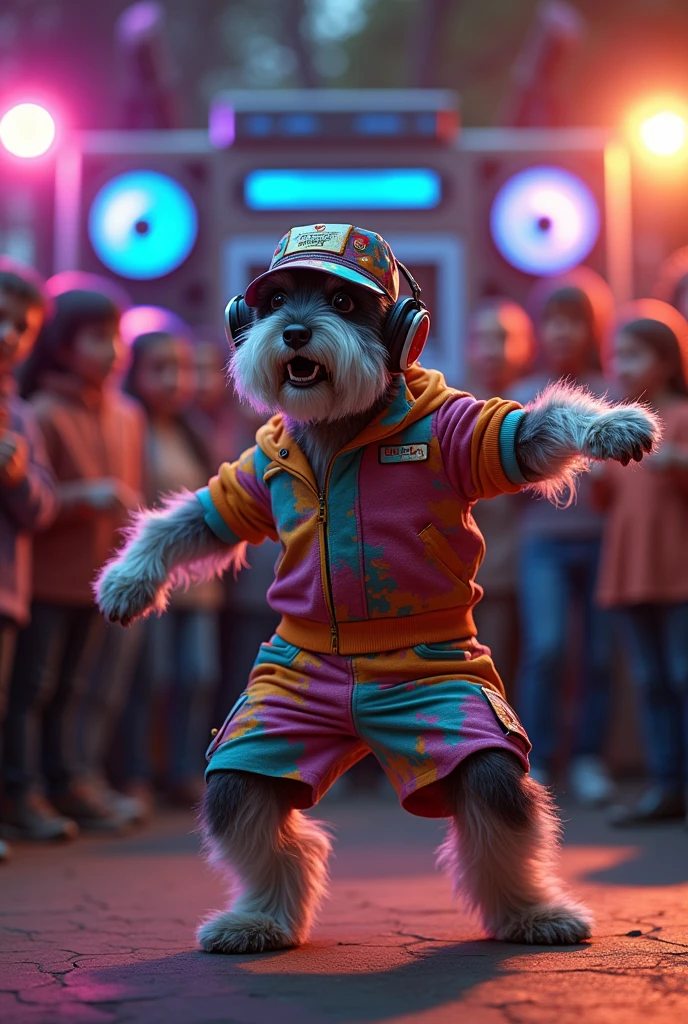 hyper-realistic photo of a Schnauzer wearing Life Djs clothing and a bucket hat breakdancing in front of a crowd of s in a circle with a stereo in the corner