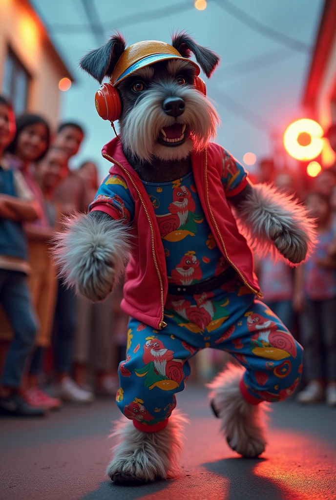 hyper-realistic photo of a Schnauzer wearing Life Djs clothing and a bucket hat breakdancing in front of a crowd of kids in a circle with a stereo in the corner