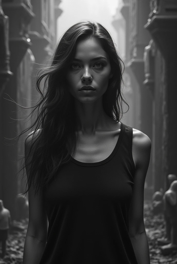 (Monochrome:1.3), Black and White Photography, Dark Theme, (Realistic, Photo-Realistic:1.37), (ohwx woman), wearing a sleeveless sweatshirtRealistic, Cowboy Shot, Fantasy World, Dark Colors, Dramatic Lighting, Mystical Atmosphere, Flowing Hair, Surreal, Intricate Details, Ethereal Beings, Supernatural Elements, Ruins.
