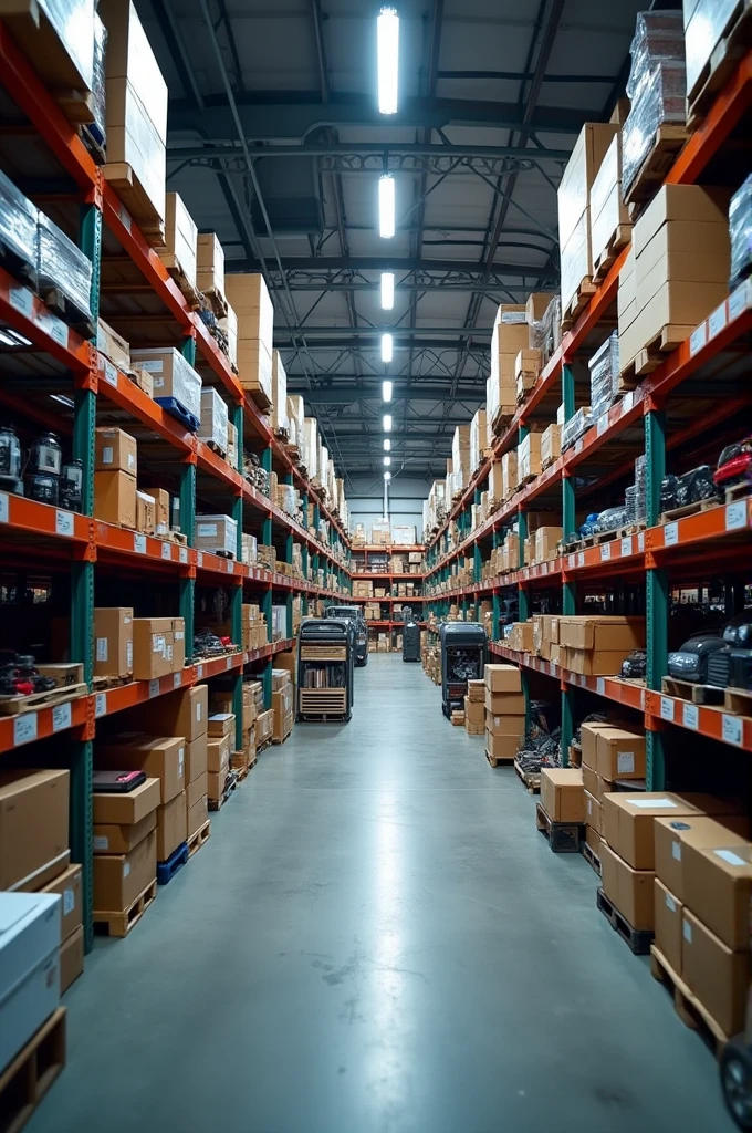 Store with display shelves that sells products and spare parts for vehicles, view when entering the warehouse