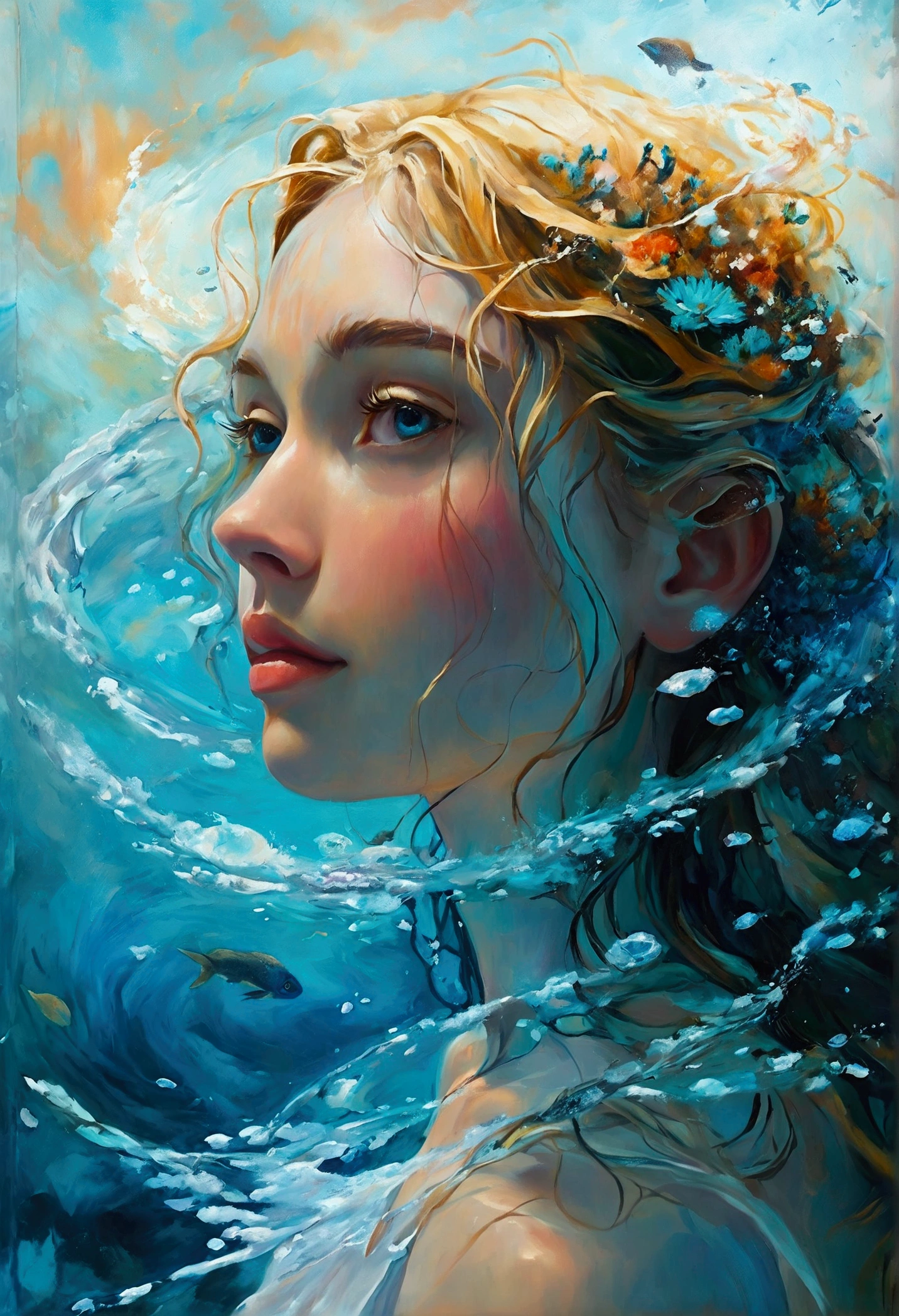 Create a detailed and expressive painting of a woman with long blonde hair in the foreground, representing the element of water. She should be centred in the painting, with her head slightly tilted back and her expression completely serene. Her shoulders should be visible, framing her face, while the rest of her body is outside the frame. The background should represent a watery halo around her head, composed of vibrant shades of turquoise and dark blue. This halo should create a serene, flowing effect, blending harmoniously with the woman's hair to convey movement and lightness. Include elements characteristic of water, whether flora or fauna. Use soft lighting to highlight the contours of her face and the texture of her hair, creating a subtle contrast with the aquatic background. Add details such as fish, sea life or marine flora. The artistic style should focus on intricate details and ethereal elements, ensuring a composition that feels divine and evocative of the aquatic element. Keep the tones cool and the textures fine to accurately capture the essence of the aquatic element.