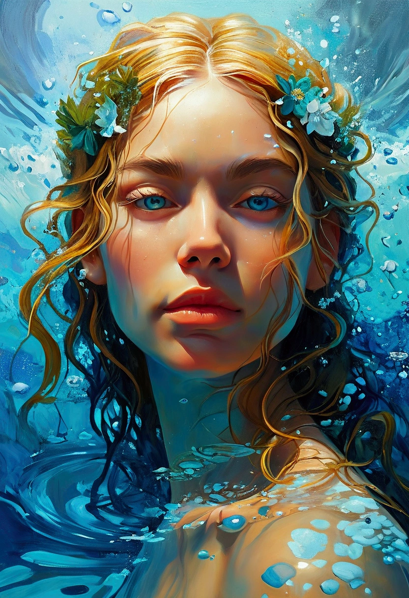 Create a detailed and expressive painting of a woman with long blonde hair in the foreground, representing the element of water. She should be centred in the painting, with her head slightly tilted back and her expression completely serene. Her shoulders should be visible, framing her face, while the rest of her body is outside the frame. The background should represent a watery halo around her head, composed of vibrant shades of turquoise and dark blue. This halo should create a serene, flowing effect, blending harmoniously with the woman's hair to convey movement and lightness. Include elements characteristic of water, whether flora or fauna. Use soft lighting to highlight the contours of her face and the texture of her hair, creating a subtle contrast with the aquatic background. Add details such as fish, sea life or marine flora. The artistic style should focus on intricate details and ethereal elements, ensuring a composition that feels divine and evocative of the aquatic element. Keep the tones cool and the textures fine to accurately capture the essence of the aquatic element.