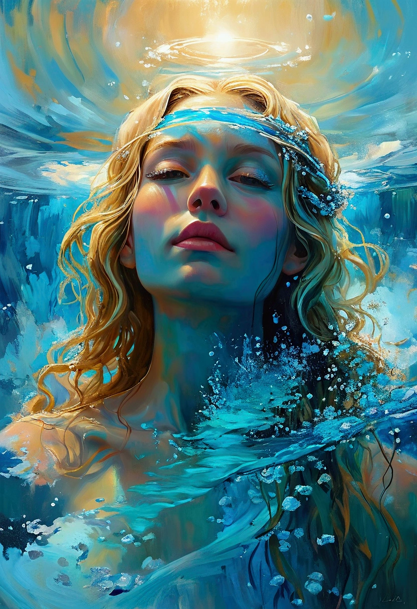 Create a detailed and expressive painting of a woman with long blonde hair in the foreground, representing the element of water. She should be centred in the painting, with her head slightly tilted back and her expression completely serene. Her shoulders should be visible, framing her face, while the rest of her body is outside the frame. The background should represent a watery halo around her head, composed of vibrant shades of turquoise and dark blue. This halo should create a serene, flowing effect, blending harmoniously with the woman's hair to convey movement and lightness. Include elements characteristic of water, whether flora or fauna. Use soft lighting to highlight the contours of her face and the texture of her hair, creating a subtle contrast with the aquatic background. Add details such as fish, sea life or marine flora. The artistic style should focus on intricate details and ethereal elements, ensuring a composition that feels divine and evocative of the aquatic element. Keep the tones cool and the textures fine to accurately capture the essence of the aquatic element.