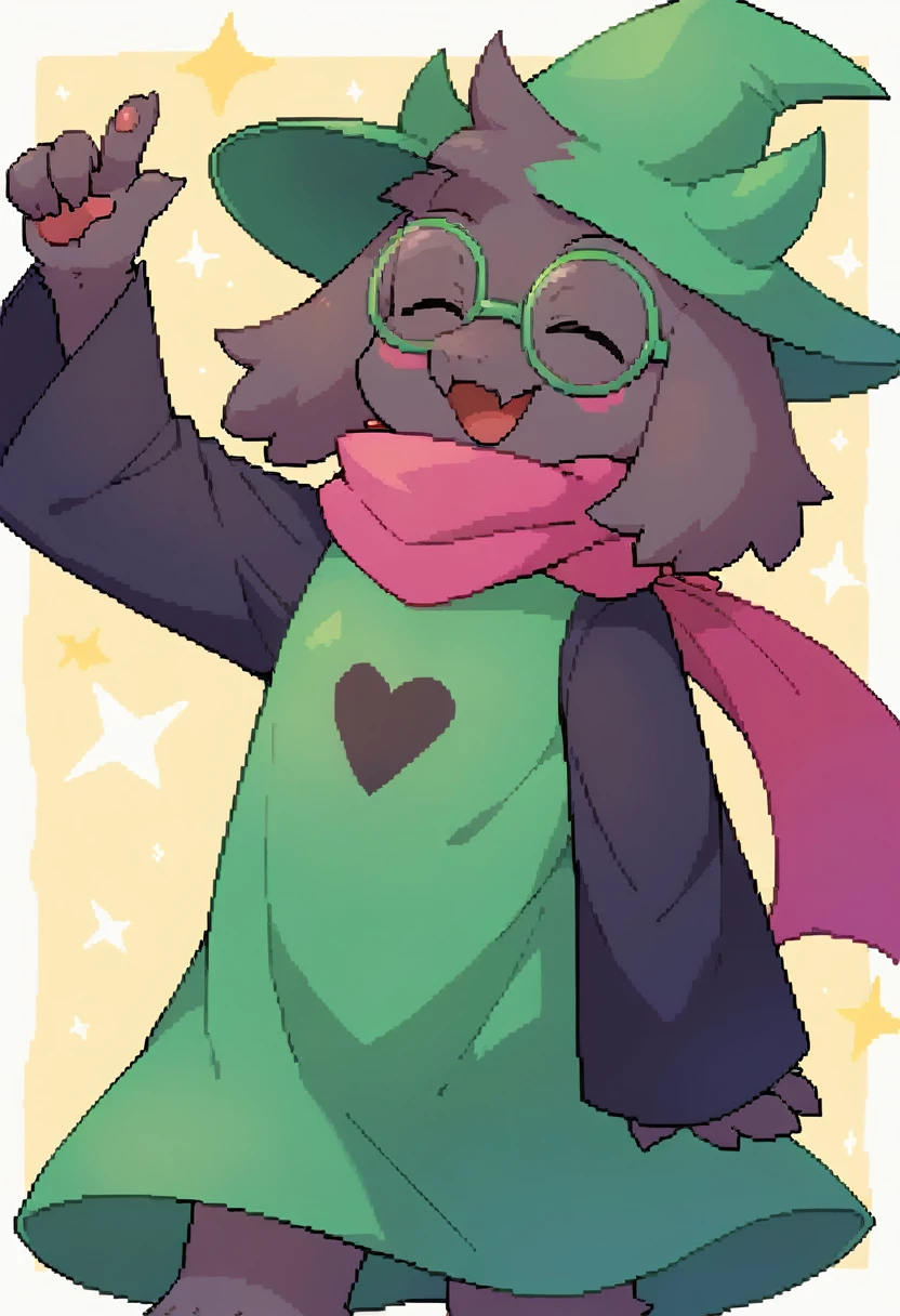  (score_9, score_8_up),furry, fur, face, Ralsei(deltarune), goat, dark fur, Green horns (they're usually pink, but the hat is covering them), black sleeves, cute, green glasses, hat, green shirt, standing, gojo pointing pose,pink scarf,closed eyes, happy, smug face,  {{Artist: %greatm8%}},  1furry, solo, male, Stickers