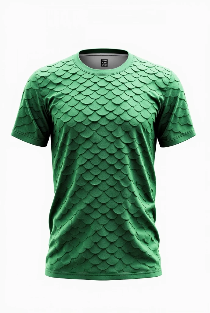 A plain white and green t-shirt with dragon scale patterns, on a white background 