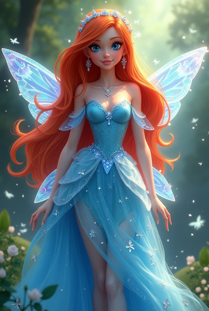 Realistic model as Bloom from *Winx Club* She has blue eyes and a fair complexion. Her outfit typically includes a blue and white fairy dress with sparkling accents and butterfly or star motifs. She often wears matching accessories like a headband and shoes. Bloom’s overall look is vibrant and magical, reflecting her powers as the Fairy of the Dragon Flame