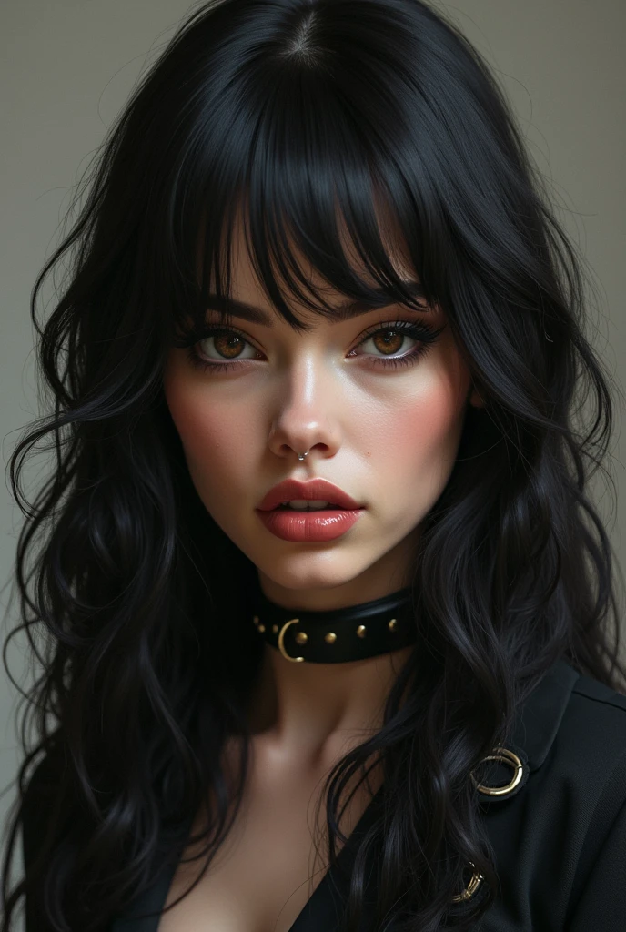 Girl with semi-long black hair, skin between white and brown, with a voluptuous and marked body, Dark brown semi-slanted eyes with an intense and mocking look and slight dark circles, about 1m tall,60cm. With a piercing (SEPTUM) on the nose, small but full lips, forehead neither too big nor too small. Black and marked clothing. 