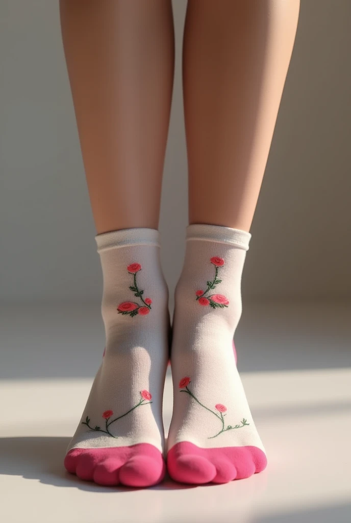 Short socks with dark pink toe and heel parts with small rose designs on the instep part making sensual poses