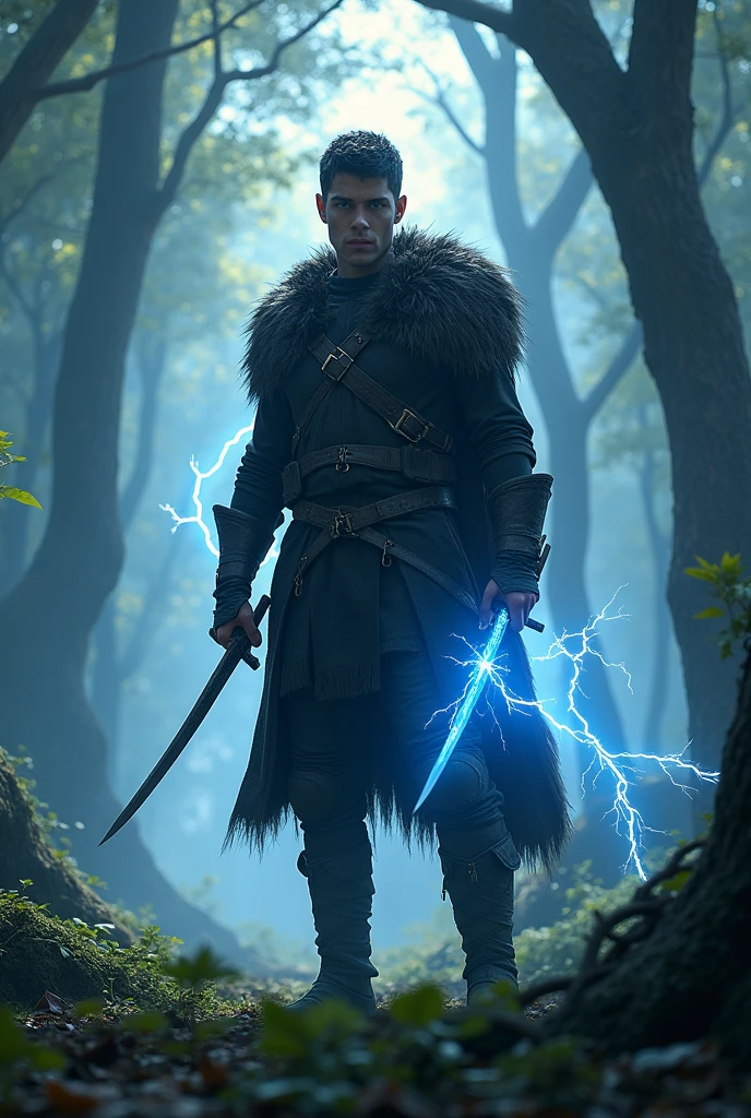 a young man with short black hair, blue eyes, tall, wearing dark hunter's clothing, wielding daggers in a medieval forest, wielding the power of lightning, (best quality,4k,8k,highres,masterpiece:1.2),ultra-detailed,(realistic,photorealistic,photo-realistic:1.37),fantasy,hyperrealistic,dark fantasy,dramatic lighting,cinematic,highly detailed,sharp focus,volumetric lighting