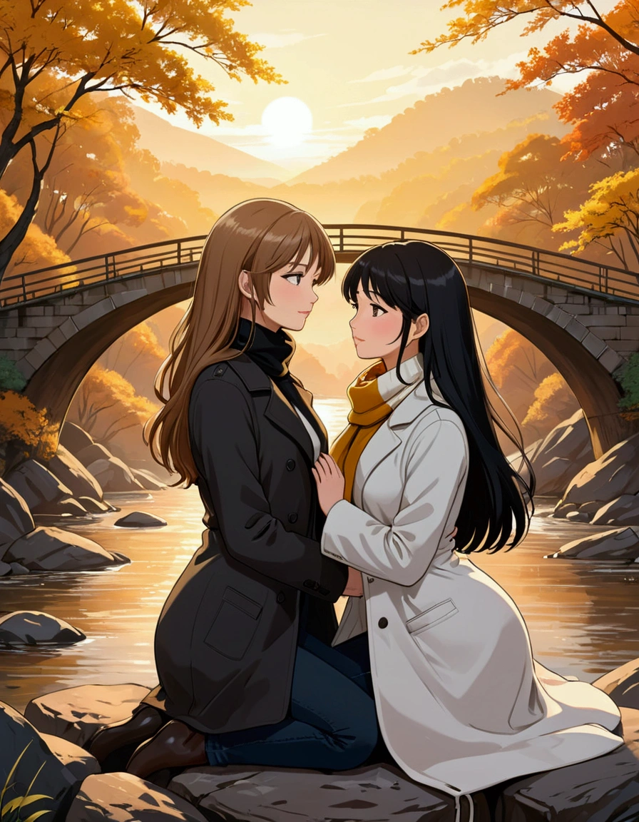 Create an idyllic image of two women in love in anime style, one is a beautiful British woman with semi-short light brown hair who is dressed in a white turtleneck, a black overcoat and black jeans and next to her hand is a beautiful Asian woman with long black hair, who is dressed in a black turtleneck, a white overcoat and black jeans, wearing an ochre-colored scarf around her neck. Both are sitting, face to face, looking into each other's eyes with much love, on a rock on the banks of a river that is crossed in the distance by a metal bridge.