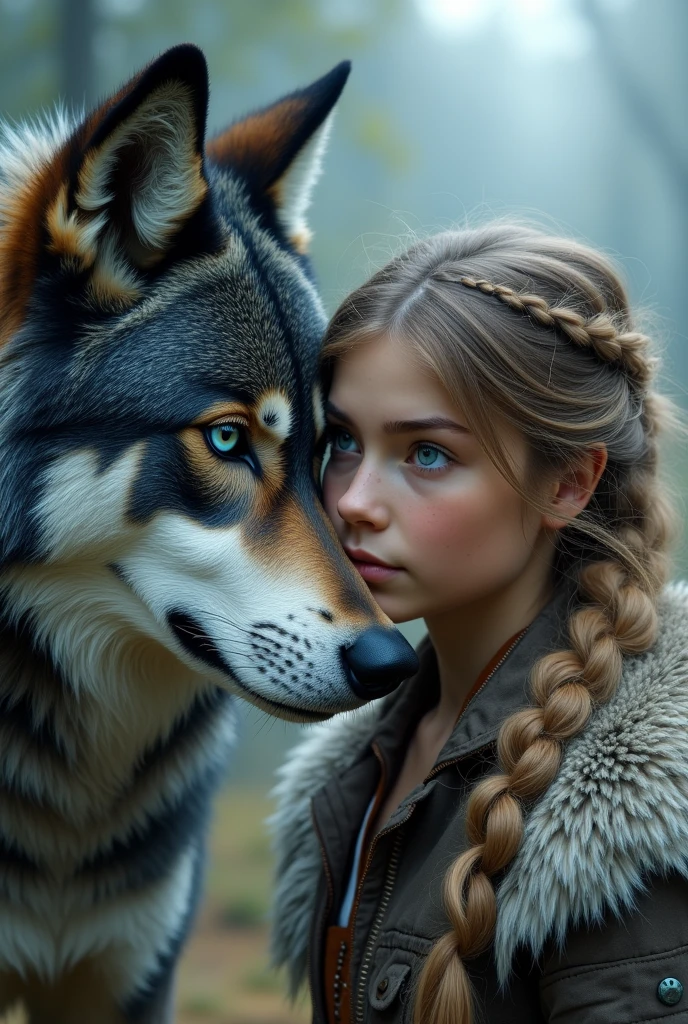 Wolf (wild, but It is the woman's pet . Blue-black and white fur. Blue eyes with greenish gray) and woman ( approximately 16 ight brown hair tending to blonde, green eyes