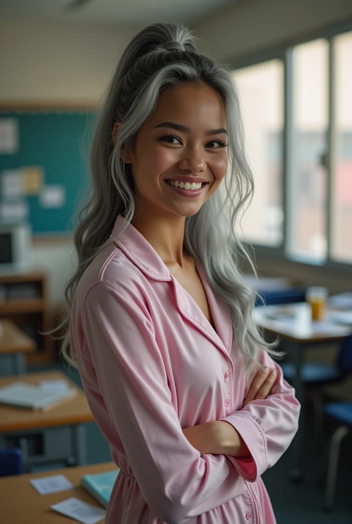 A beautiful youthful looking Filipino version of Ariana Grande as a 50 years old woman with long her completely gray hair in a ponytail as the superhero Daisy Johnson from Agents of
S.H.I.E.L.D wearing a pajamas in a high school classroom she is smiling for the camera