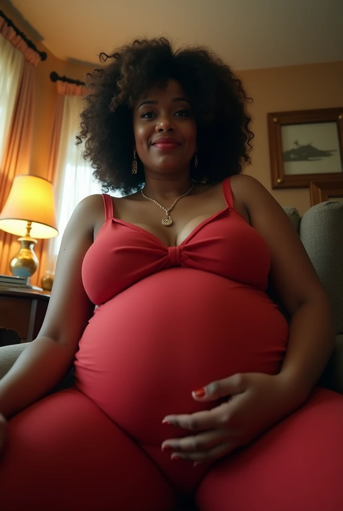 Your POV view from below when Cardi B&#39;s plus size stepmother who is heavily pregnant and sitting on a chair at home with a giant and tall posture from the front looks at you.. HD, cinematic, Photorealistic, fisheye camera view, iphone camera style