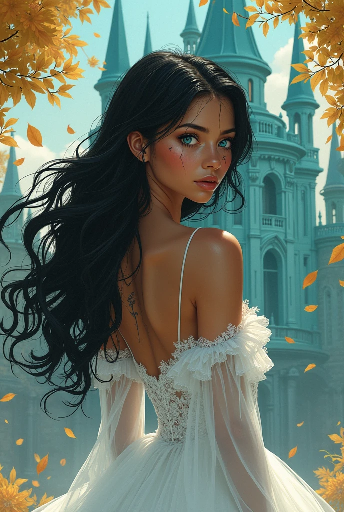 Caramel skin princess, with long black hair and light blue eyes. Her back has black veins popping out on her back, she wears a wedding dress and white silk gloves. She has a scared expression. In the background is a turquoise palace and golden leaves fall from the sky.. Realistic illustration like fairy tales by the Green brothers