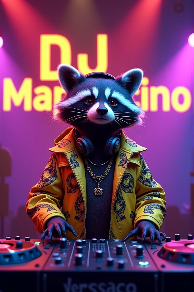 Stage where it says in huge letters DJ MAPACCINO, a raccoon dressed in Versace, with headphones in concert