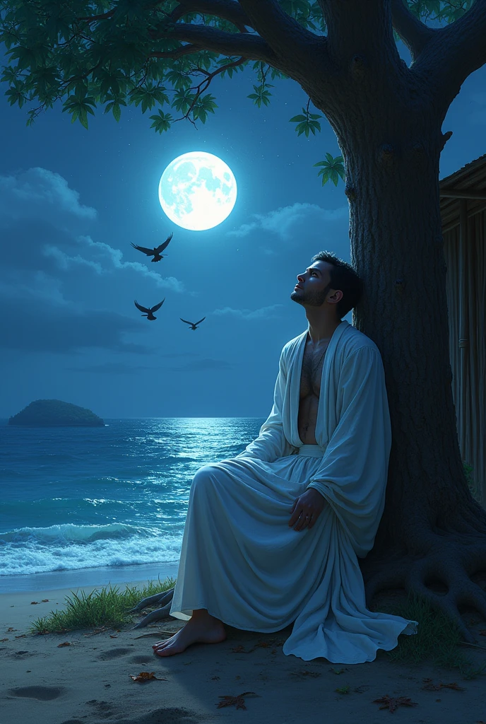 A cleric wearing white but without a peci sits leaning against a tree near a wooden hut with dry branches, fallen leaves near the ocean, the conditions are at night, looking at the bright moon, falling stars and flying butung birds.