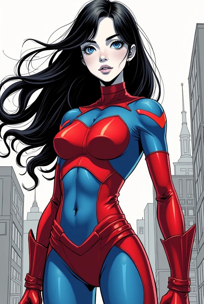 Monochrome manga art style, Billie Eilish as a superhero, vivid red and blue costume accentuating her dynamic form, glossy black hair flowing elegantly around her shoulders, piercing blue eyes portraying determination and strength, warm beige skin tone contrasting sharply with costume colors, standing confidently in an action pose that exudes empowerment and charisma, manga-influenced features emphasizing expressiveness, complete composition showcasing her entire body adorned in stylish attire, background elements of a futuristic city skyline to emphasize her heroic journey, dynamic motion lines encircling her figure, creating a sense of movement and excitement, enhanced with exaggerated proportions to represent her larger-than-life persona, soft gradients and shading techniques typical of manga illustrations used to create depth and dimension, emotional narrative woven into the artwork, capturing a moment full of potential and adventure