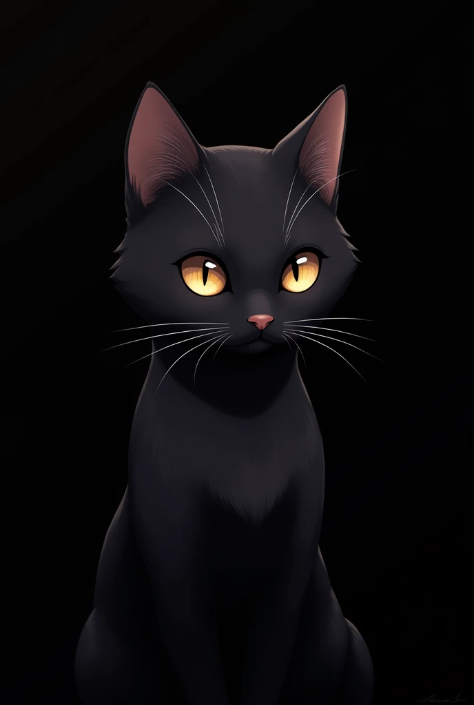 Elegant black cat with amber eyes, anime styling, black backdrop.
