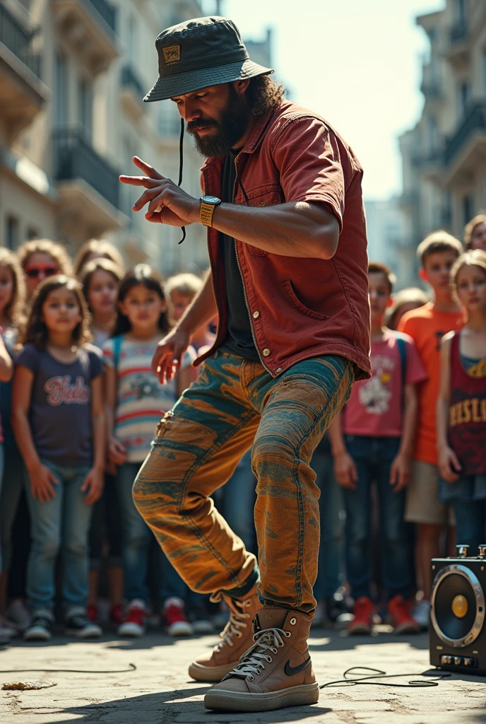 hyper-realistic photo of a Yorkshireman wearing Life Djs clothing and a bucket hat breakdancing in front of a crowd of children in a circle with a stereo in the corner
