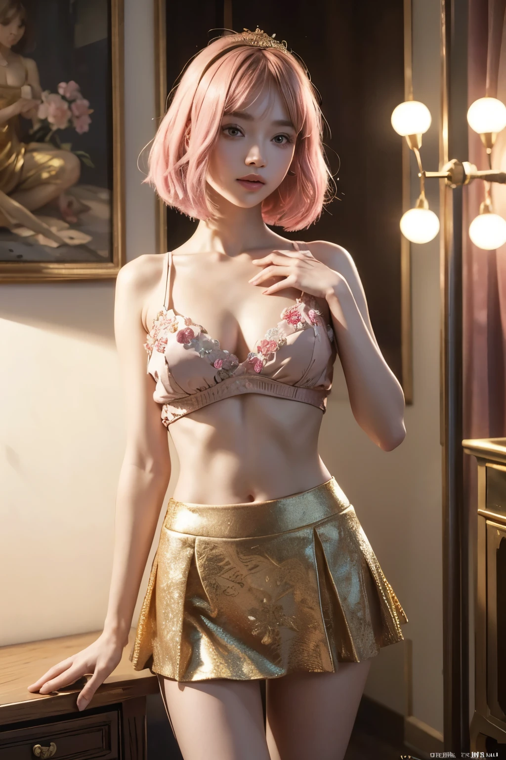 a beautiful 1 girl, masterpiece, best quality, 8k, detailed fingers, precise fingers, not unnatural hands, illustration, 1 girl, solo, pink bob cut, gold crown, flower hair ornament, sagging eyes, red mini skirt, YUI, slender leg, cleavage, cinematic lighting, photorealistic, vibrant colors, highly detailed, intricate details, toned abs