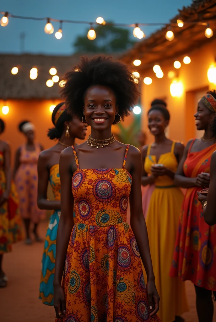 In a evening setting Generate an image of an African modern black woman skinny in afro in an party wear going to parties with friends in a village setting 