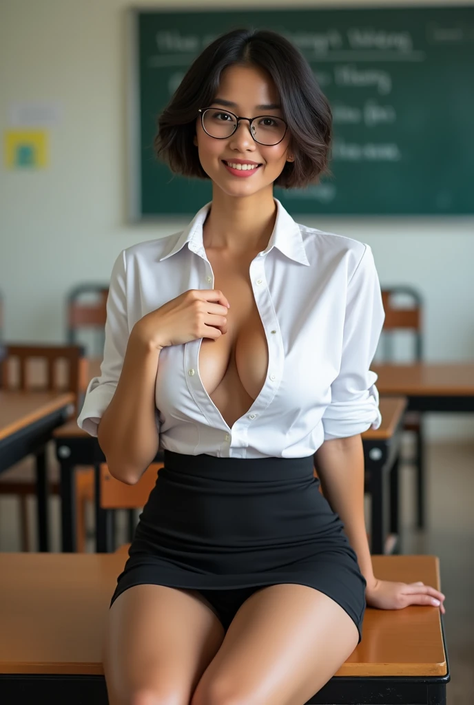 Thai female teacher , short hair ,Wear glasses, White shirt, black skirt , Short skirt , See the underwear, Very big breasts ,Unbutton the shirt, leaving the chest exposed  , The background is a classroom. ,Show breast meat , Chest cup H , Sitting with legs spread apart on a table ,seductive pose, One hand holds the chest ,tan skin ,Short curly hair , I saw a G-string.