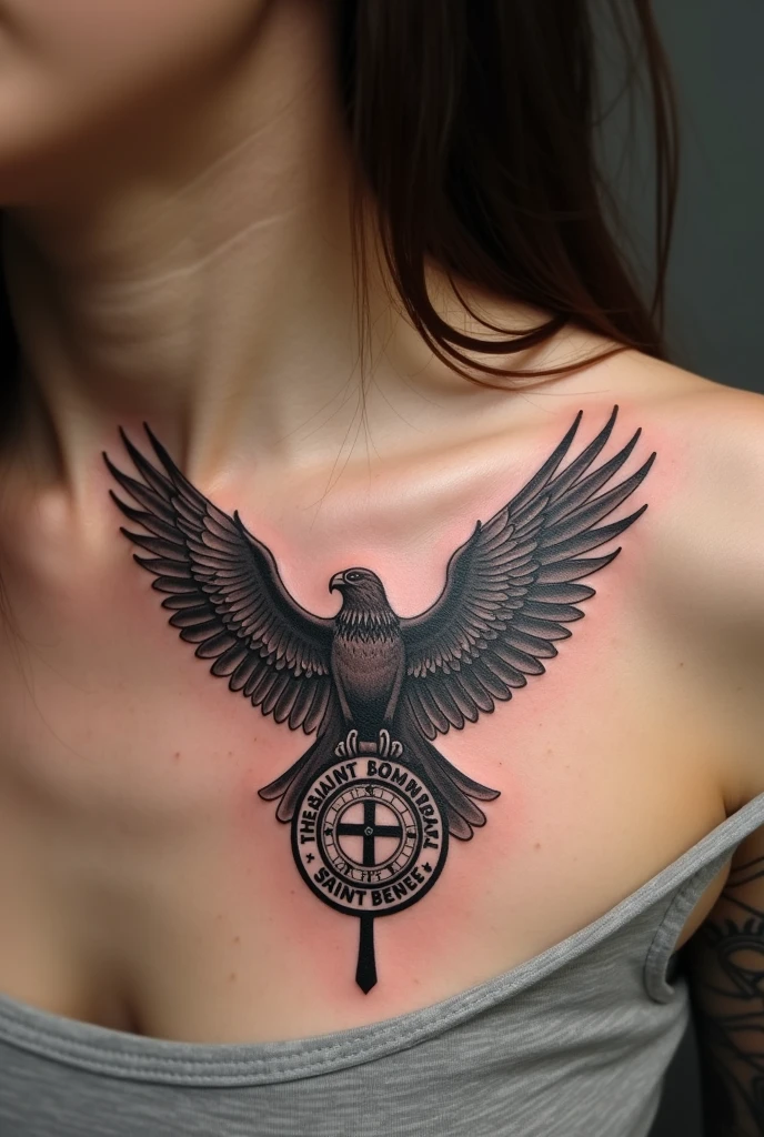 Small tattoo on the chest of the Saint Benedict medal with a small hawk in the background
