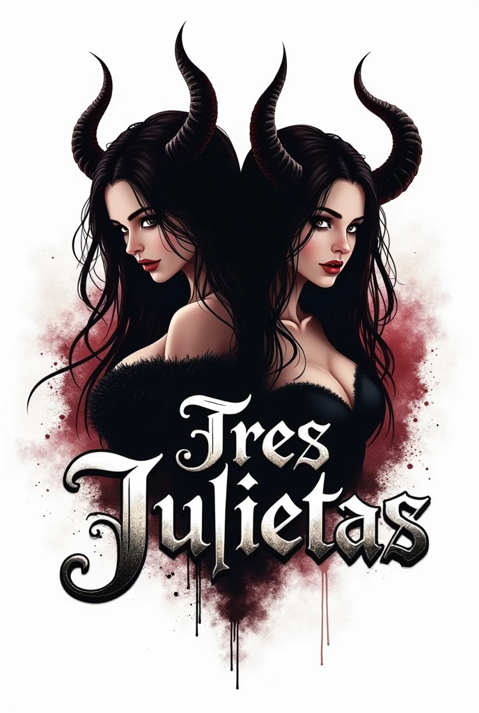 Create me a half-diabolical logo with the name 'Tres Julietas' on a white background