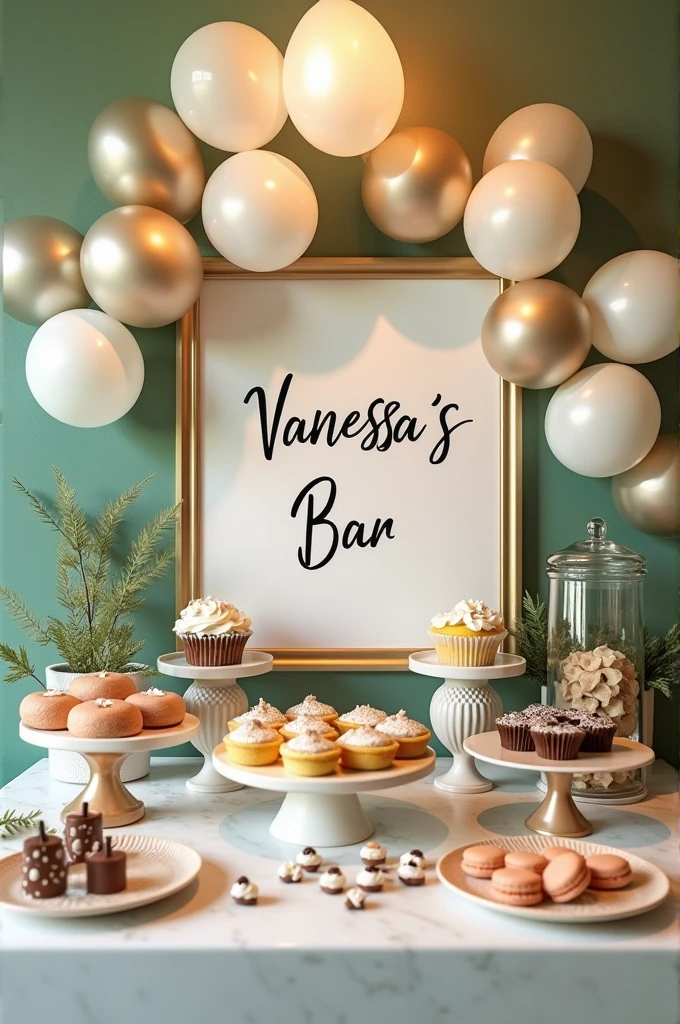 make a bar-themed birthday decoration, showing the table, sweets that were on the table, souvenir... white, beige, green and silver balloons decorating both sides of the main panel where Vanessa's bar is written