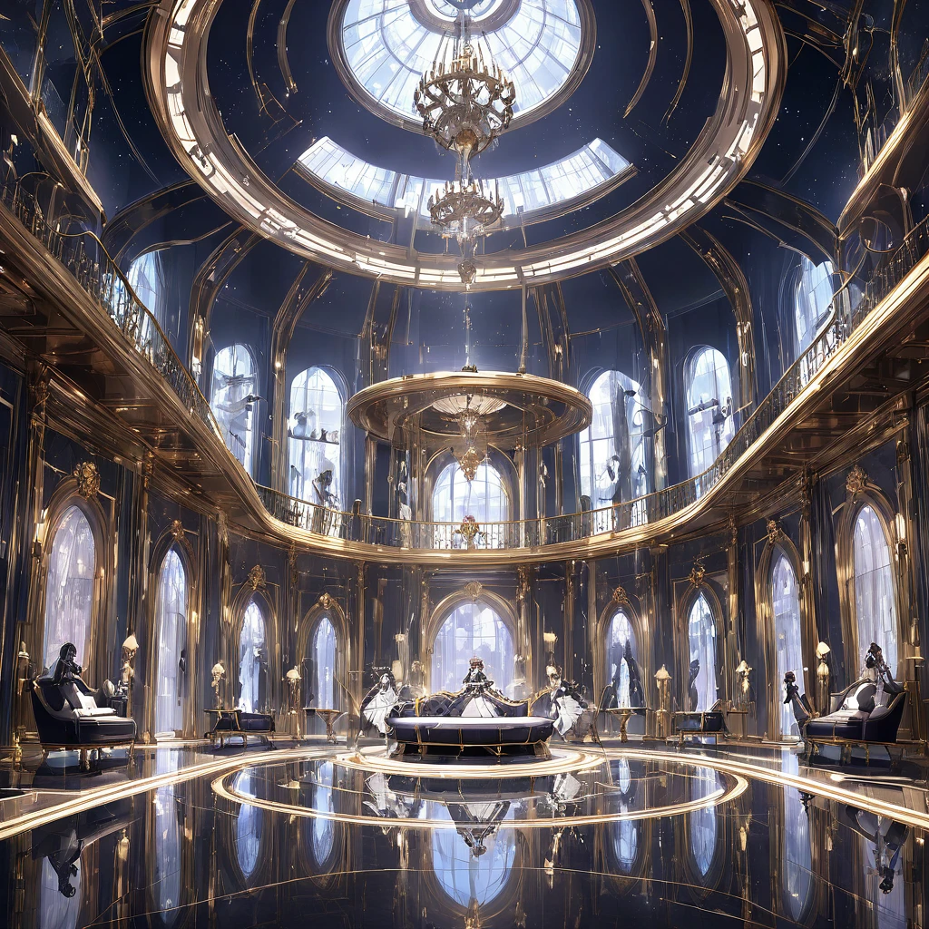 Illustration of a futuristic and luxurious environment in the 22nd century. The scene should show an extremely large and opulent mansion, with modern design and extravagant details. The interior of the mansion must be lush, with sophisticated decor and visible advanced technology.

En el centro de la imagen, highlight an important figure: the head maid of the mansion. She must be an elegant and dominant woman, with imposing appearance and striking features. Describe her as a woman of average height, with long and sophisticated hair, and a maid uniform that matches the mansion&#39;s futuristic aesthetic.

The head maid must have an authoritative expression, reflecting her supervisory position. The scene should also include several other maids in the background., each with a unique and attractive appearance. Maids may include monstergirls, aliens, and supernatural beings. They must be involved in different tasks, showing the hierarchy and specialization at work.

For the appearance of the maids, provide details like height, body type, Hair color, Clothing Style, and any special features (like animal ears or tails). Each maid must have a distinct look that reflects her species and role in the mansion..

The environment must be detailed, with luxurious furniture, sophisticated lighting and integrated futuristic technology. The mansion should convey a sense of wealth and extravagance, reinforced by the dedicated and eager behavior of the maids, who are always seeking the pleasure and approval of {{user}}.