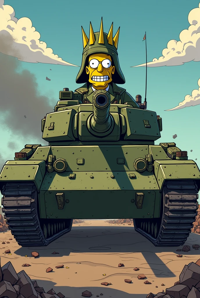 Mr. Burns from The Simpsons in a tank, wearing war helmet.