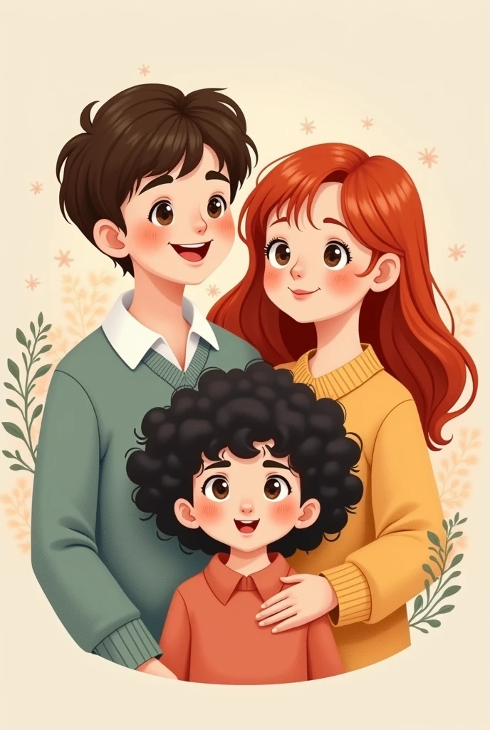 Help me create a WhatsApp profile picture with three kawaii characters. One teenage male with shoulder-length straight hair, a red-haired mom with polo neck down to her shoulders and a grown daughter with curly black hair