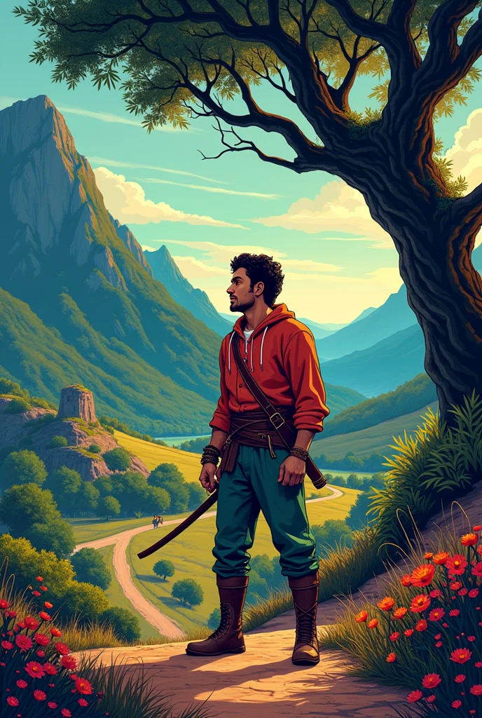 crie xilografura de literatura de cordel com essa historia
John Guerreiro na Terra Distante:
A scene depicting a distant and exotic landscape, with mountains in the background and a rising sun. At the center, John Guerreiro, a brave young man with a sword at his waist and a determined expression, gazing at the horizon.
oruvindo sobre o Pássaro Encantado:
John Guerreiro sentado em uma taverna rústica, listening to a mysterious traveler tell the story of the enchanted bird. No fundo, a window shows the glow of the bird flying in the distance, with bright, multicolored feathers.
or Pavão Misterioso:
or pavão misterioso voando no céu, with long, colorful feathers, radiating light and magic. In floor, people watch the peacock with expressions of admiration and surprise, capturing the enchantment of the moment.
John Partindo em sua Jornada:
John, armed with his sword and backpack, walking towards a winding road that disappears into the horizon. Ao fundo, mountains and valleys suggest the challenges he will face. or céu é vasto e aberto, symbolizing the adventure that awaits you.
Meeting with the wise:
John encontra um velho sábio de barba longa e branca, sitting under an ancient tree. or sábio gesticula enquanto fala, e John escuta atentamente. or ambiente é sereno, with flowers and leaves falling gently around.
The Wisdom of the Sage:
A symbolic representation of the wise man's advice, with the peacock in the background, standing out among the clouds. The image conveys the idea of purity and the search for something beyond the material., com John pensativo ao lado do sábio.
John Avistando o Pavão:
John no topo de uma montanha, seeing the peacock in the distance, illuminated by sunbeams that penetrate the clouds. He looks amazed and calm, ready to find the truth you seek.
John e o Pavão:
or pavão descendo suavemente em frente a John, its feathers shining with vibrant colors. John se ajoelha em reverência, recognizing the majesty of the creature. The scene has a magical and deeply understanding tone..
or Pavão Voando Livremente:
or