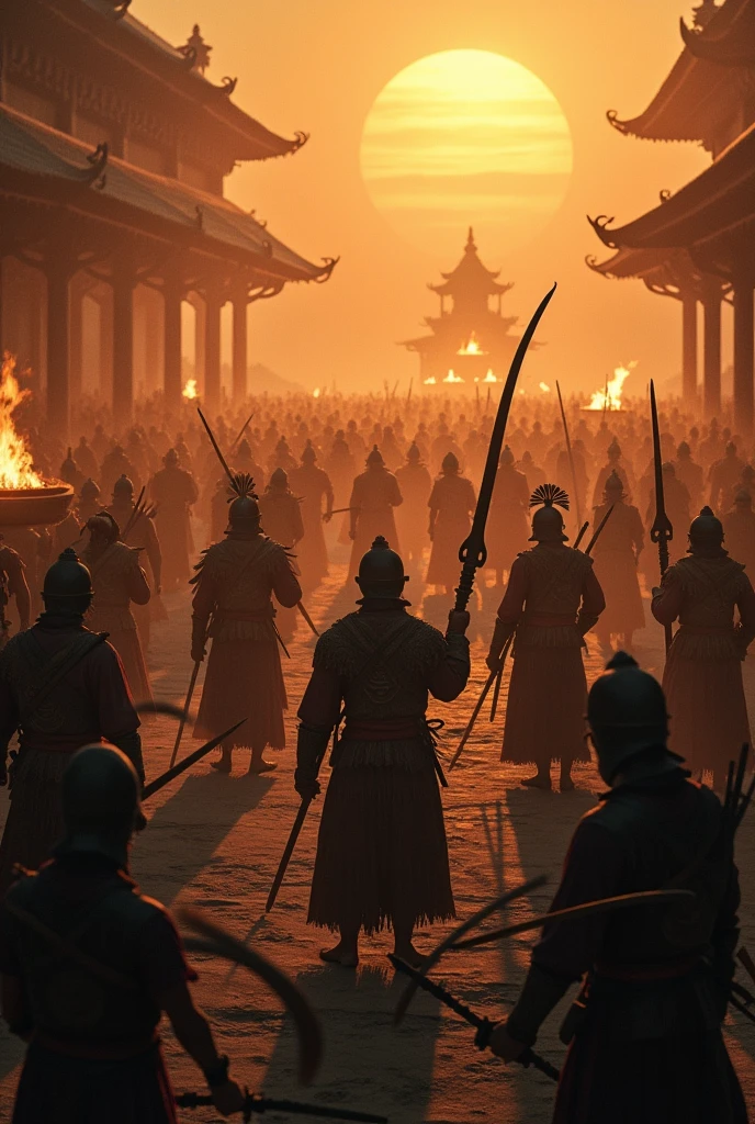 A dramatic high angle poster of a historical battlefield scene set in the grandeur of the Malaccan Empire, featuring the legendary warriors Teja Sari, Hang Nadim, and Andika, each wielding traditional weapons such as the keris, bow, and sundang. The scene is infused with a sense of pride and independence, illuminated by the warm glow of a setting sun symbolizing the spirit of Merdeka, shot with a Canon EOS-1D X Mark III, 50mm f/1.4 lens, in rich sepia tones