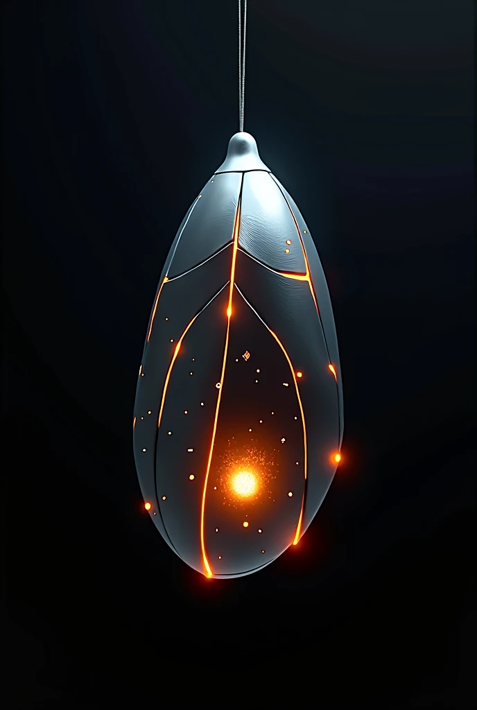 Image of a non-organic cocoon made of high-tech metallic silk similar to color #2a2a2a. The cocoon is meant to hang on its own, with thin, sleek metallic fibers giving it a futuristic, technologically advanced look. The environment must be completely black, completely dark. The only source of light must be a vibrant glow in the color #f84700 coming from within the cocoon itself, subtly shining through small gaps in the metallic silk, creating a mysterious ambient atmosphere. This bright orange glow must be the only illumination in the scene, with the light radiating from within the cocoon, casting vibrant reflections on the metallic surface. The cocoon must have a completely technological and non-organic look, with simple lines and a modern, minimalist design. The focus must be entirely on this high-tech cocoon, without the presence of other elements. The overall mood should be minimalist, capturing the anticipation of something that is about to emerge. The cocoon is broken and a light source emerges from inside