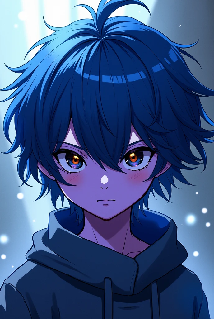 Anime Boy with purple skin, black eyes with yellow pupils, and blue hair
